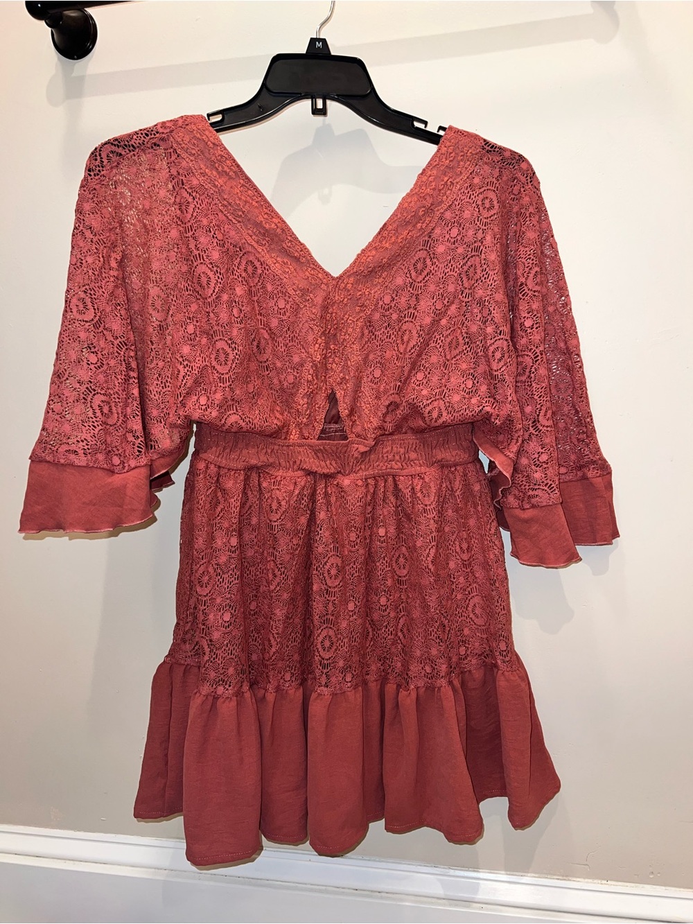 Lace & Ruffle V-Neck Mini Dress in Dusty Rose